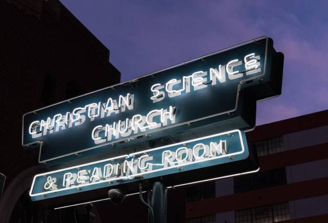 A Christian Science Churc neon sign in downtown LA