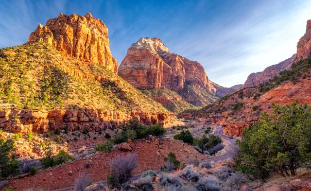 A view inside the Pine Creek Canyon at Zion National Park when traveling the Zion Mount Carmel Highway to get to Bryce Canyon